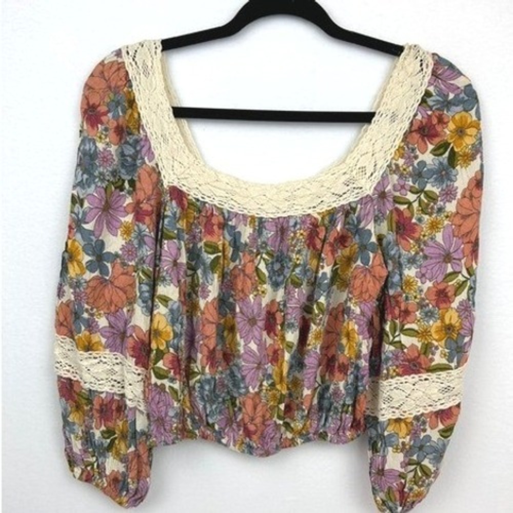 Angie Floral Crochet Trim Crop Top Long Sleeve Boho Blouse Multicolor Size L - Picture 2 of 9